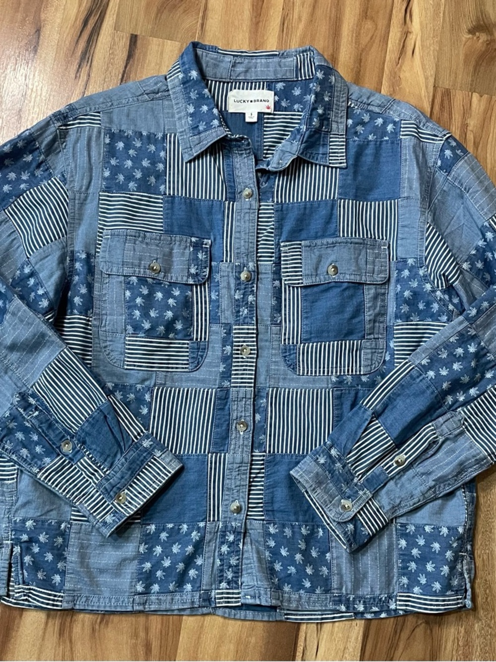 Lucky Brand Blue Patchwork Cannabis Leaf Motif Long Sleeve Shirt-Oversized Sz S